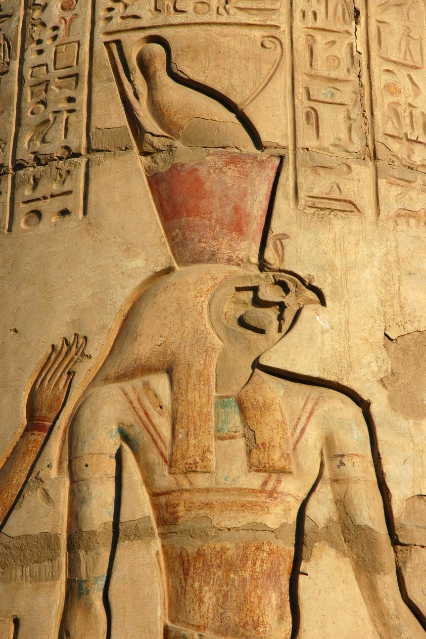 A relief depicting the god, Horus on the wall of one of the temples of Kom Ombo.The southern temple was dedicated to Sobek, the crocodile god of fertility and creator of the world with Hathor and Khonsu. The northern temple was dedicated to the falcon-head (...).  (Photo by Werner Forman Archive/Heritage Images/Getty Images)