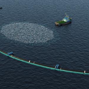 3d render of an ocean cleaning system with garbage on the water