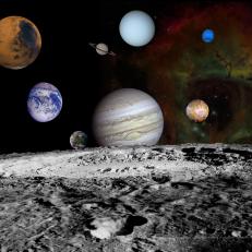 This montage of images taken by the Voyager spacecraft of the planets and four of Jupiter's moons is set against a false-color Rosette Nebula with Earth's moon in the foreground.  Studying and mapping Jupiter, Saturn, Uranus, Neptune and many of their moons, Voyager provided better images and data than had ever been obtained by Earth-bound scientists. Data collection continues by both Voyager 1 and 2 as the renamed Voyager Interstellar Mission searches for the edge of the solar wind influence (the heliopause) and exits the solar system. A shortened list of the missions discoveries of Voyager 1 and 2 include: Uranian and Neptunian magnetospheres (magnetic environments caused by various types of planet cores); 22 new satellites including three at Jupiter, three at Saturn, 10 at Uranus, and six at Neptune; active volcanism on Io; active geyser-like structures and an atmosphere on Triton; Auroral Zones (where gases become excited after being hit by solar particles) on Jupiter, Saturn and Neptune; rings at Jupiter; and, large-scale storms on Neptune, originally thought to be too cold to support such atmospheric disturbances.