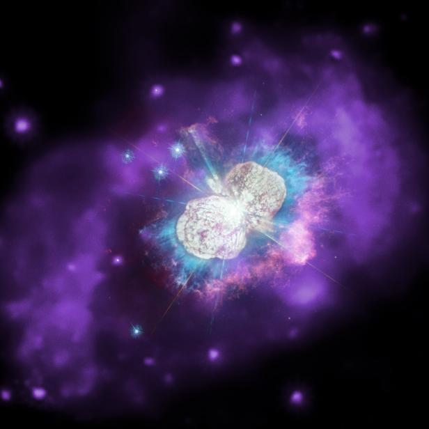 What will be the next star in our Milky Way galaxy to explode as a supernova? Astronomers aren't certain, but one candidate is in Eta Carinae, a volatile system containing two massive stars that closely orbit each other. This image has three types of light: optical data from Hubble (appearing as white), ultraviolet (cyan) from Hubble, and X-rays from Chandra (appearing as purple emission). The previous eruptions of this star have resulted in a ring of hot, X-ray emitting gas about 2.3 light years in diameter surrounding these two stars.