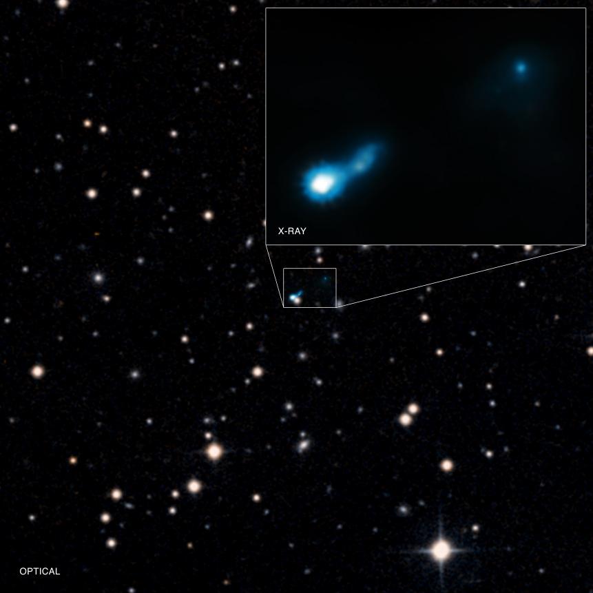 A jet from a very distant black hole being illuminated by the leftover glow from the Big Bang, known as the cosmic microwave background (CMB), has been found. Astronomers using NASA’s Chandra X-ray Observatory discovered this faraway jet serendipitously when looking at another source in Chandra’s field of view.  Jets in the early Universe such as this one, known as B3 0727+409, give astronomers a way to probe the growth of black holes at a very early epoch in the cosmos. The light from B3 0727+409 was emitted about 2.7 billion years after the Big Bang when the Universe was only about one fifth of its current age.  This main panel graphic shows Chandra’s X-ray data that have been combined with an optical image from the Digitized Sky Survey. (Note that the two sources near the center of the image do not represent a double source, but rather a coincidental alignment of the distant jet and a foreground galaxy.)   The inset shows more detail of the X-ray emission from the jet detected by Chandra. The length of the jet in 0727+409 is at least 300,000 light years. Many long jets emitted by supermassive black holes have been detected in the nearby Universe, but exactly how these jets give off X-rays has remained a matter of debate. In B3 0727+409, it appears that the CMB is being boosted to X-ray wavelengths.  Scientists think that as the electrons in the jet fly from the black hole at close to the speed of light, they move through the sea of CMB radiation and collide with microwave photons. This boosts the energy of the photons up into the X-ray band to be detected by Chandra. If this is the case, it implies that the electrons in the B3 0727+409 jet must keep moving at nearly the speed of light for hundreds of thousands of light years.   The significance of this discovery is heightened because astronomers essentially stumbled across this jet while observing a galaxy cluster in the field. Historically, such distant jets have been discovered in radio waves first, and then followed up with X-ray observations to look for high-energy emission. If bright X-ray jets can exist with very faint or undetected radio counterparts, it means that there could be many more of them out there because astronomers haven’t been systematically looking for them.  A paper describing these results was published in the 2016 January 1st issue of The Astrophysical Journal Letters and is available online. The authors are Aurora Simionescu (Institute of Space and Astronautical Science, Kanagawa, Japan), Łukasz Stawarz (Jagiellonian University, Kraków, Poland), Yuto Ichinohe (Institute of Space and Astronautical Science, Kanagawa, Japan), Teddy Cheung (Naval Research Laboratory, Washington, DC), Marek Jamrozy (Jagiellonian University, Kraków, Poland), Aneta Siemiginowska (Harvard-Smithsonian Center for Astrophysics, Cambridge, MA), Kouichi Hagino (Institute of Space and Astronautical Science, Kanagawa, Japan), Poshak Gandhi (University of Southampton, Southampton, UK) and Norbert Werner (Stanford University, Stanford, CA).  NASA's Marshall Space Flight Center in Huntsville, Alabama, manages the Chandra program for NASA's Science Mission Directorate in Washington. The Smithsonian Astrophysical Observatory in Cambridge, Massachusetts, controls Chandra's science and flight operations.