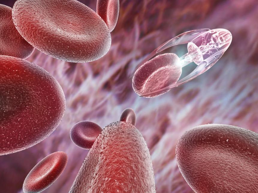 Artists impression of a medical nanotechnology robot probe using light to treat red blood cells. 3d computer graphic image.