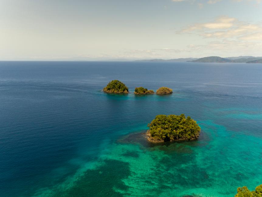 Aerial view of  Canales de Afuera island, A place for snorkeling, scuba diving, kayaking, swimming, Coiba  National Park, Panama, Central America
