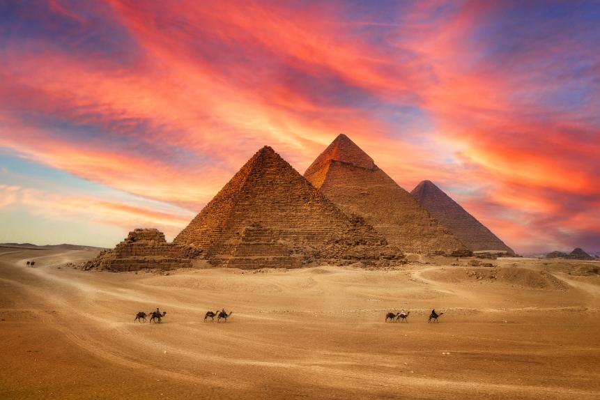 Great Pyramids and The camel caravan is in front of the Egyptian pyramids, Giza, Egypt