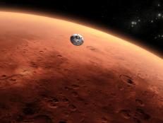 This is an artist's concept of NASA's Mars Science Laboratory spacecraft approaching Mars. The Curiosity rover is safely tucked inside the spacecraft's aeroshell.