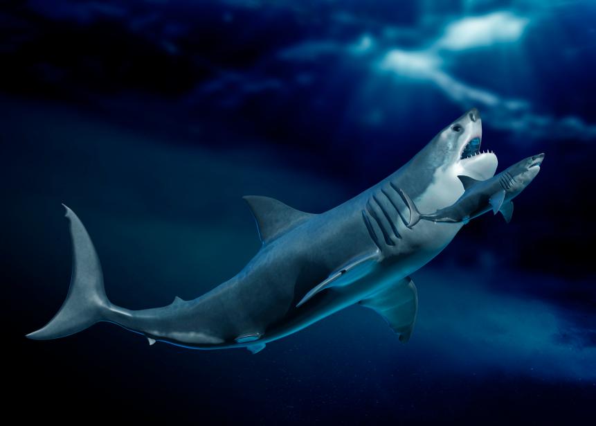 Megalodon compared with a shark underwater, illustration.