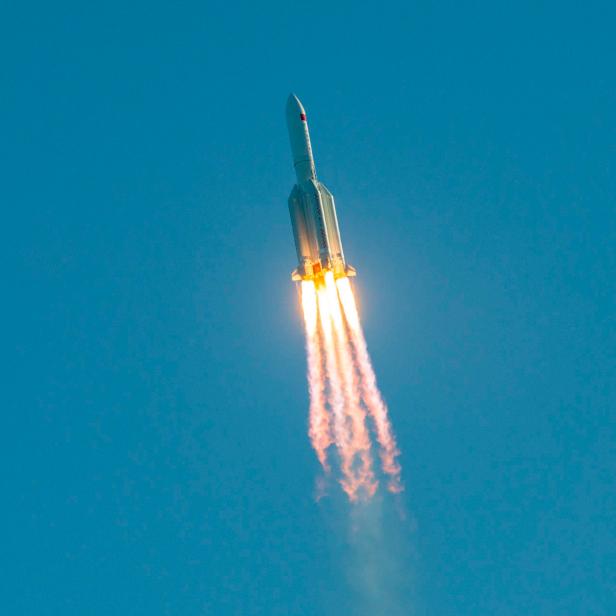 A Long March 5B rocket lifts off from the  the Wenchang launch site on China's southern Hainan island on May 5, 2020. - Chinese state media reported the "successful" launch of a new rocket on May 5, a major test of its ambitions to operate a permanent space station and send astronauts to the Moon. (Photo by STR / AFP) / China OUT (Photo by STR/AFP via Getty Images)