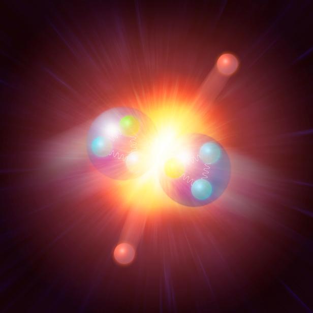 Conceptual illustration of the Higgs particle (orange, top and bottom) being produced by colliding two protons. The protons are each composed of three quarks (green and blue) held together by the strong nuclear force carried by gluons (white squiggly lines). The Higgs boson, long expected to exist according to theory, was finally revealed in proton-proton collisions conducted using the Large Hadron Collider (LHC) at CERN in Switzerland, 2012.