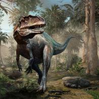 Acrocanthosaurus forest scene from the Cretaceous era 3D illustration