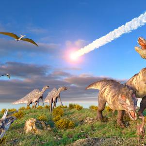 Illustration of the K T Event at the end of the Cretaceous Period. A ten-kilometre-wide asteroid or comet is entering the Earths atmosphere as dinosaurs, including T. rex, look on.