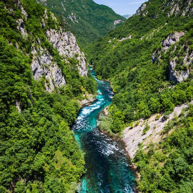 Mountain canyon of Piva River in Montenegro. Scenic view of beautiful turquoise water river among high mountais with green forests