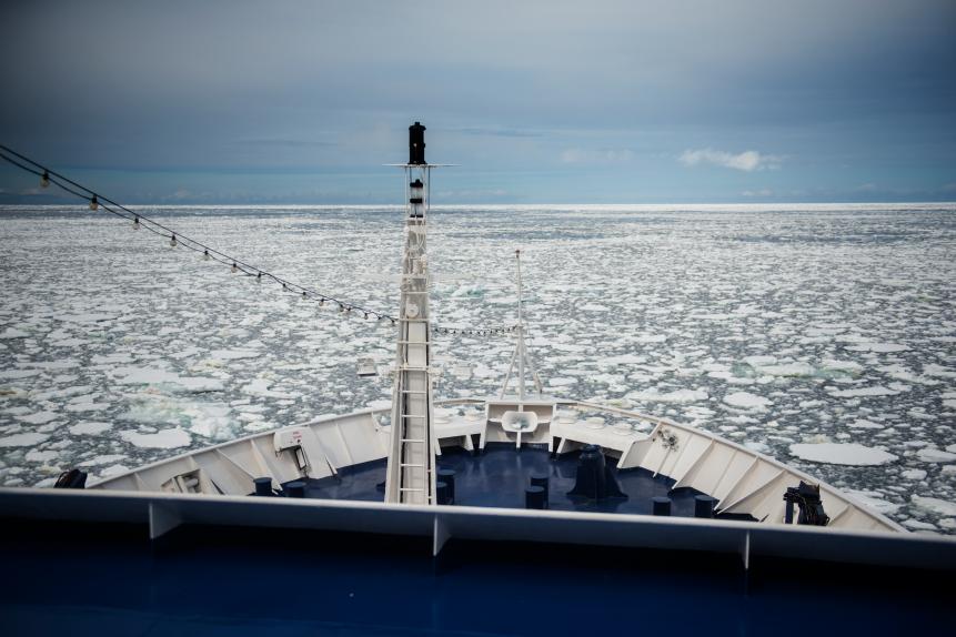 The first encounter with the Antarctic ice on the way to the Antarctic Peninsula after having passed the Drake Passage.