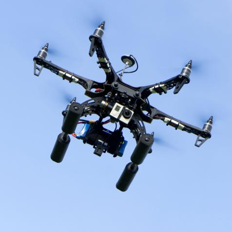 Drone or UAV (Unmanned Aerial Vehicle) with camera and gimbal fitted. Also known as a Hexacopter.