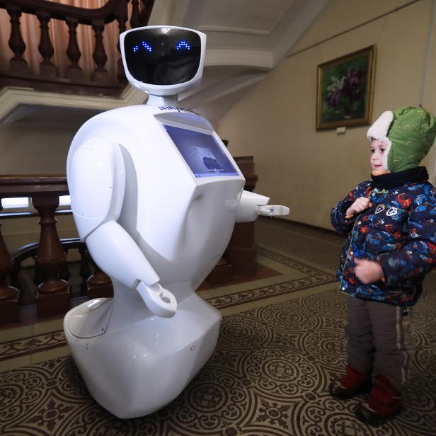 IVANOVO, RUSSIA - JANUARY 31, 2019: Promobot V.2 robot named Mitya (museum interactive mate) performing the duties of administrator and navigator at the Ivanovo Museum of Industry and Art. The robot created by the Perm company Promobot was purchased by the museum to give access to works of art to people with disabilities. Vladimir Smirnov/TASS (Photo by Vladimir Smirnov\TASS via Getty Images)
