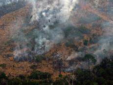 Aerial view showing smoke billowing from a patch of forest being cleared with fire in the surroundings of Boca do Acre, a city in Amazonas State, in the Amazon basin in northwestern Brazil, on August 24, 2019. - Brazil on August 25 deployed two Hercules C-130 aircraft to douse fires devouring parts of the Amazon rainforest. The latest official figures show 79,513 forest fires have been recorded in the country this year, the highest number of any year since 2013. More than half of those are in the massive Amazon basin. Experts say increased land clearing during the months-long dry season to make way for crops or grazing has aggravated the problem this year. (Photo by LULA SAMPAIO / AFP)        (Photo credit should read LULA SAMPAIO/AFP/Getty Images)